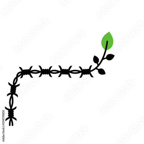 Icon of a curved barbed wire with a sprout on a transparent background symbolizing peace and resilience
