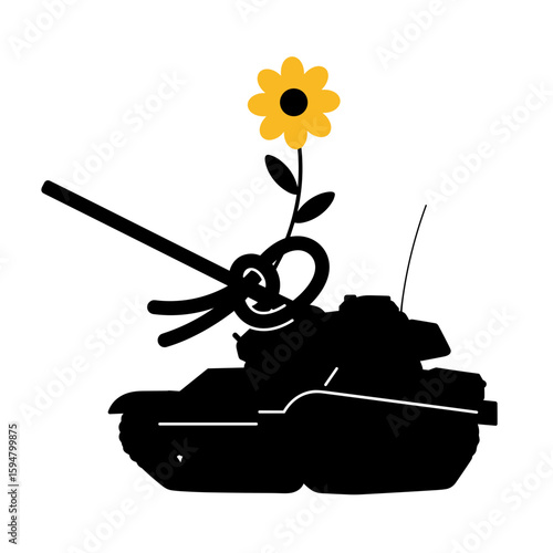 Icon of a tank with a flower and plant emerging from it on a transparent background symbolizing peace and growth
