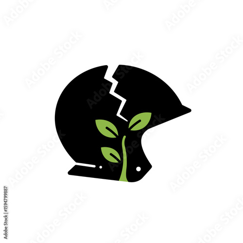 Icon of a broken helmet with sprouts on a transparent background symbolizing peace and growth