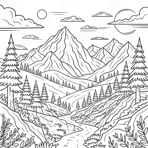 seamless pattern with trees and mountains coloring page