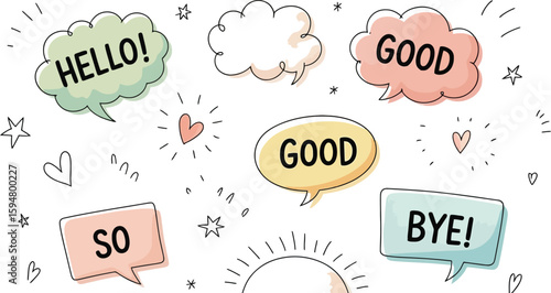 Speech Bubbles with Messages, HandDrawn Style, Hello Good and Bye, on White Background