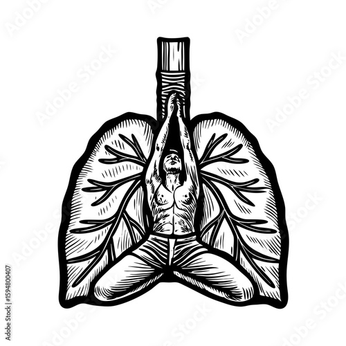 Hand-drawn engraving of a breathing exercise figure shows man in yoga pose inside lungs. Figure doing breathing exercise, meditation with lungs, symbolizing respiratory health.