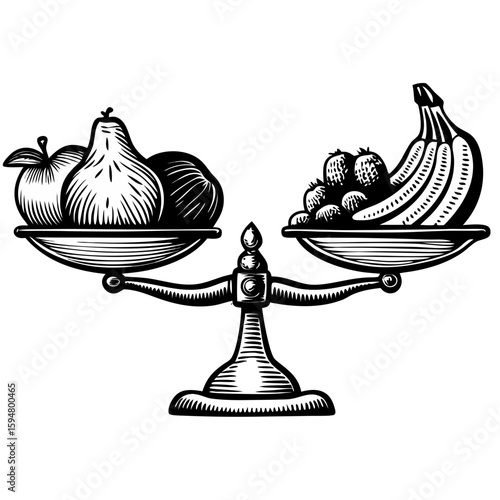 Portion size comparison featuring fruit assortment on balance scale. Visualizing portion size comparison shows fruit equality in hand-drawn style.