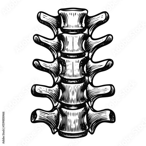 Hand-drawn engraving of spine alignment showing human backbone anatomy. Depicting spinal column structure for alignment, spine alignment drawing shows vertebrae, processes, and intervertebral discs.
