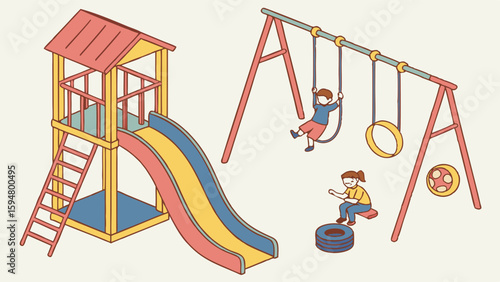 Isometric vector illustration of happy children playing at a colorful outdoor playground with a tall slide swing set and tire swings Kids having fun in park
