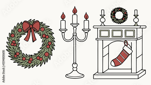 Classic Christmas holiday decorations vector illustration featuring a festive green wreath with red bow, elegant candelabra, and fireplace with stocking and mantel wreath.