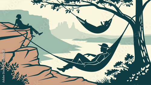 Serene vintage graphic art of outdoor relaxation. People in hammocks and on a cliff overlooking a scenic mountain river landscape. Nature adventure.