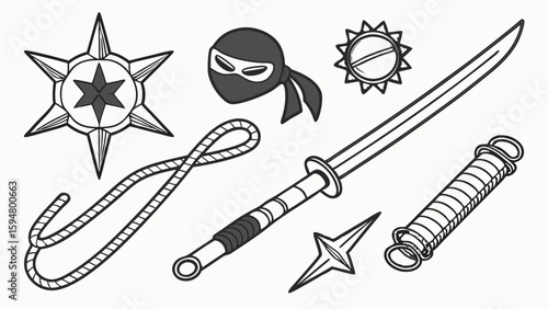 Black and white vector illustration of various ninja weapons and gear, including shuriken, sword, mask, grappling hook, and climbing claws.