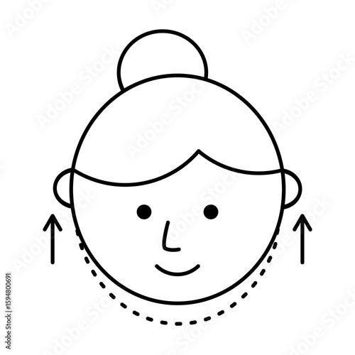 Face lift line icon. Woman’s face with lifting arrows, symbolizing facelifting, cosmetic surgery, anti-aging treatments, and beauty industry procedures. Clinic youth glow symbol. Vector illustration. 