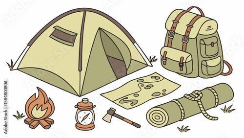 Flat vector illustration of essential camping and hiking gear including tent, backpack, campfire, map, compass, axe, lantern, and sleeping mat for outdoor adventure travel.
