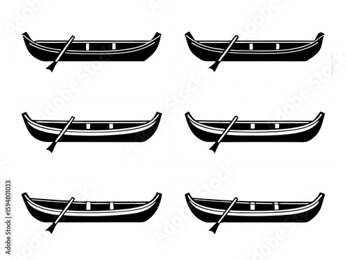 Six simple black silhouettes of canoes with paddles on white backgrounds