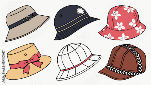 Diverse collection of six stylish women's hats featuring floral bucket hats, wide-brimmed sun hats with bows, striped cloche hats, and a unique braided cap design.