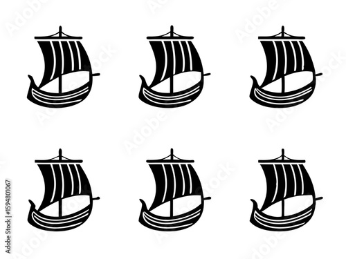 Six black silhouette viking longships on a white background