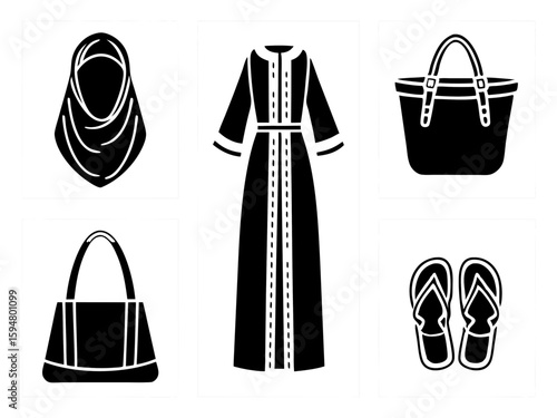 Islamic fashion ensemble featuring hijab abaya handbags and flip flops