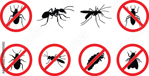 Insect pest control icons set, anti insect symbols, no bugs sign, mosquito fly ant cockroach vector warning illustration