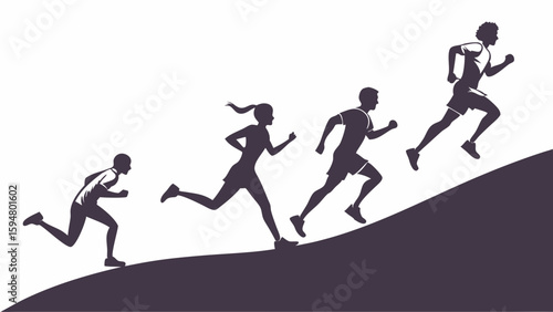 Dynamic monochrome vector silhouette of four diverse runners ascending a challenging uphill slope, representing fitness, progress, and athletic determination.