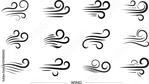 Wind Motion Element Set, Air Flowing, Isolated on Transparent Background