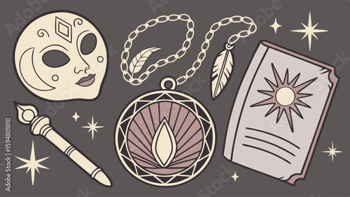 Magical Fantasy Artifacts Vector Illustration Ceremonial Mask Feather Necklace Magic Wand Sun Scroll Esoteric Pendant Sparkles