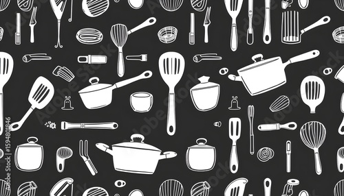 Kitchen utensils and tools pattern culinary design surface graphic art
