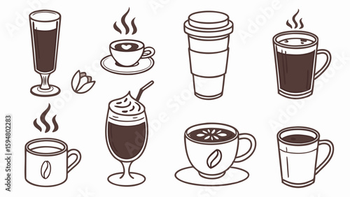 Diverse coffee drinks vector illustration set featuring hot and cold beverages in various cups, mugs, and glasses, perfect for cafe menus and designs.