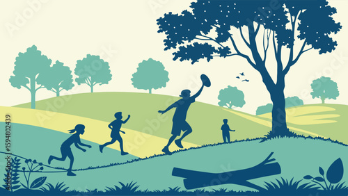 Joyful family playing frisbee in a vibrant green hilly park landscape. Silhouetted vector illustration of outdoor recreation, children, nature, and summer fun.