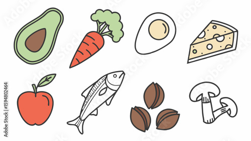 Colorful flat design cartoon illustration of healthy and nutritious food items like avocado, carrot, egg, cheese, apple, fish, nuts, and mushrooms.
