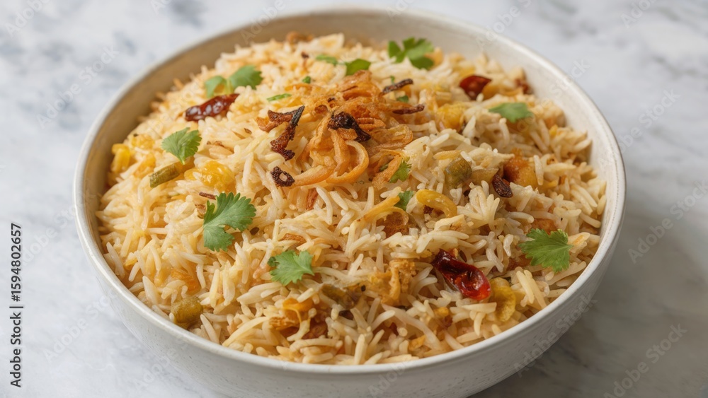 A white bowl filled with rice dish garnished with cilantro and fried onions on a marble surface A white bowl filled with rice dish garnished with cilantro and fried onions on a marble surface