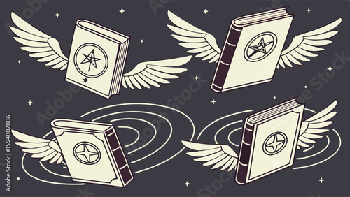 Four mystical flying books with wings and magic symbols soar through a cosmic starry night sky, a fantasy illustration of ancient wisdom and spellcraft.
