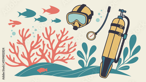 Vibrant flat design illustration of scuba diving equipment mask tank regulator with colorful coral reefs fish and marine life for ocean exploration.