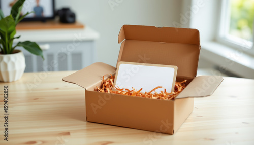 A neatly packaged box with a blank card, perfect for gifts or branding, surrounded by shredded paper.