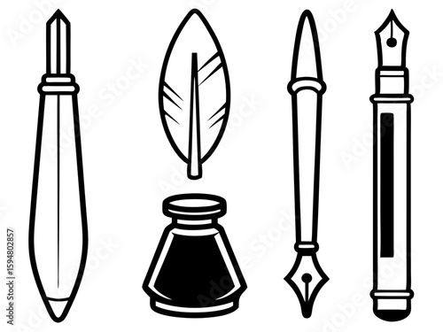 Classic writing implements quill inkwell and fountain pens