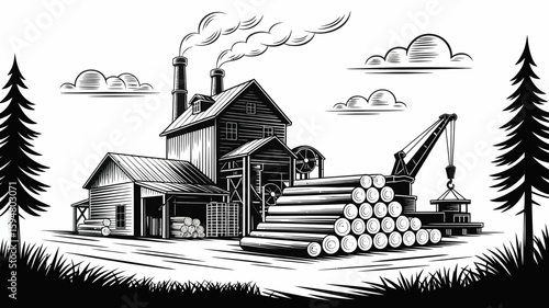 Vintage Woodcut of a Lumber Mill with Stacks of Logs and Smoke Stacks, Black and White Illustration