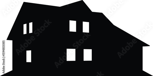 Silhouette of residential house with multiple windows and sloped roof, suburban family home design, architectural building vector illustration black
