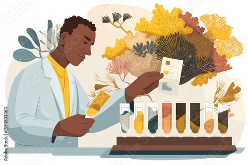 Scientist analyzing samples of marine life in a lab surrounded by colorful sea flora