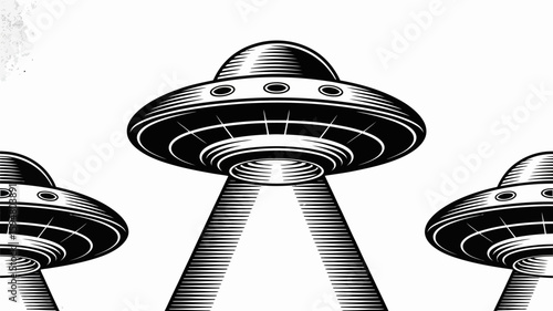 Woodcut Illustration of Flying Saucers Exploring the Unknown Skies with Retro Black and White Art
