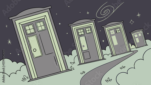 Whimsical cartoon illustration of portable toilets lined on a winding path at night, under a starry sky, receding into the distance, surreal outdoor event.