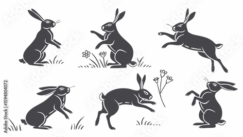 Six Black Hare Silhouettes Vector Set Wild Animals in Various Poses Running Jumping Standing Grass Nature Wildlife Illustration Collection Monochrome Graphic Design