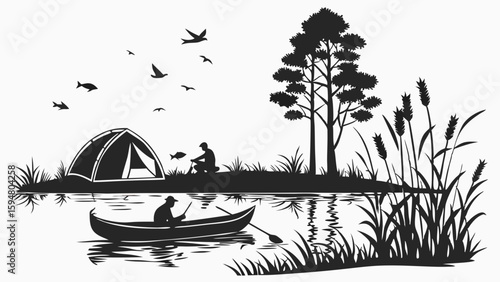 Black and white silhouette nature landscape with camping, fishing boat, trees, birds, and cattails by a tranquil lake. Outdoor recreation.