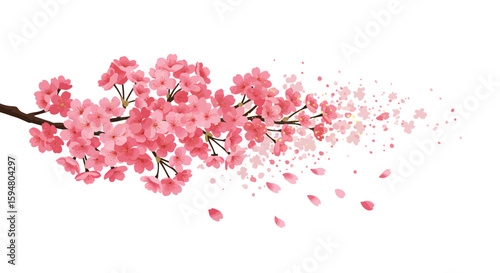 Captivating pixel art showcases delicate pink cherry blossoms gracefully arranged on a branch, enhanced by scattered petals on a crisp white backdrop, evoking spring.