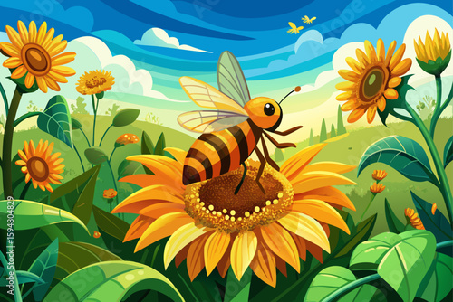 vector of A large bee collects pollen on a sunflower in a vibrant summer garden to make honey for people.