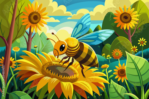vector of A large bee collects pollen on a sunflower in a vibrant summer garden to make honey for people.