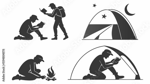 Black and white silhouette icons of people camping, reading books outdoors, tending a campfire, and a tent under a starry night sky. Outdoor adventure vector art.