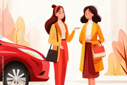 Two women in stylish outfits chatting near a red car with autumn trees in the background