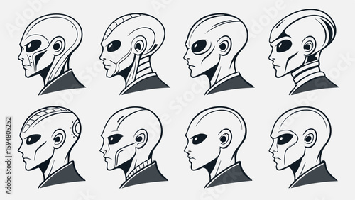 Eight diverse black and white alien head profiles vector art. Futuristic scifi humanoid creature concept designs, various extraterrestrial character illustrations with sleek lines.