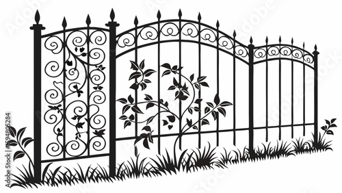 Elegant black wrought iron garden fence, highly decorative with intricate scrollwork, climbing vines, leaf patterns, and classic arched top sections.