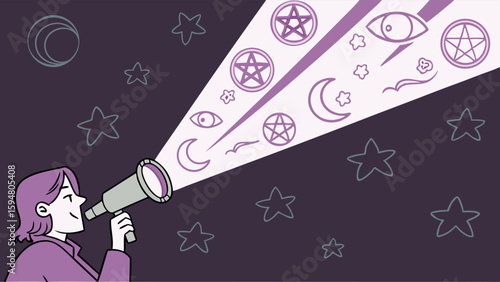 Cartoon woman explores the night sky with a telescope, revealing a vibrant beam of esoteric symbols like pentagrams, moons, and eyes, a spiritual flat illustration.