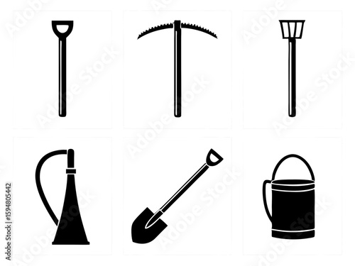 Collection of black and white icons representing gardening and construction tools