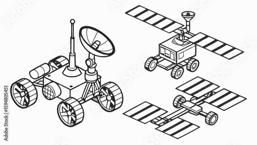 Black and white line art illustration of three different space rovers with solar panels and antennas, depicting robotic planetary exploration vehicles in an isometric view.