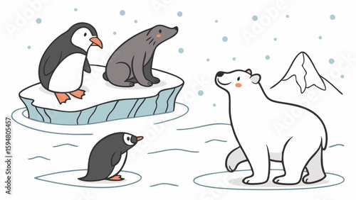 Adorable hand-drawn cartoon polar animals illustration featuring a happy polar bear, two cute penguins, and a grey seal on ice floes in a snowy winter scene.