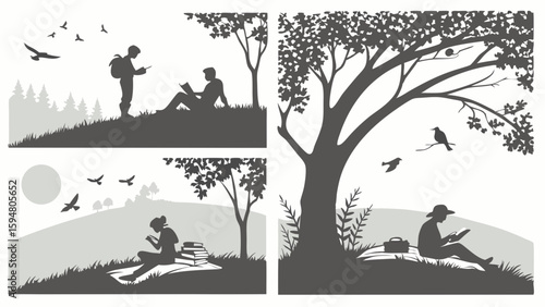 Monochrome silhouette illustration of people reading outdoors in nature, enjoying books and digital readers in various peaceful park and hill settings.